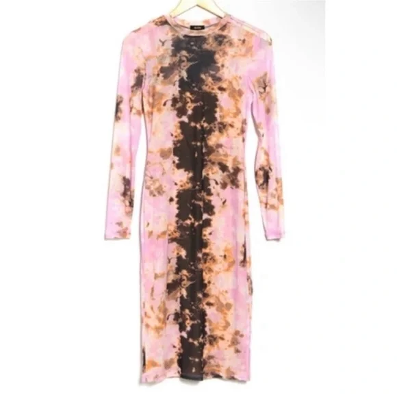 AFRM Mesh Bodycon Long Sleeve Midi Dress Medium Tie Dye Pink NWOT 134 - Picture 2 of 4